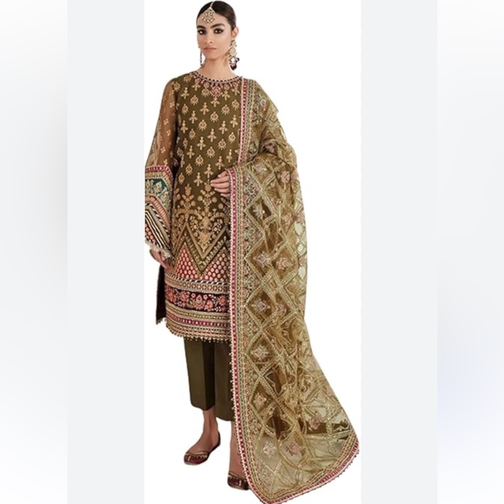 Elegant Olive Green Embroidered Suit baroque same as original large